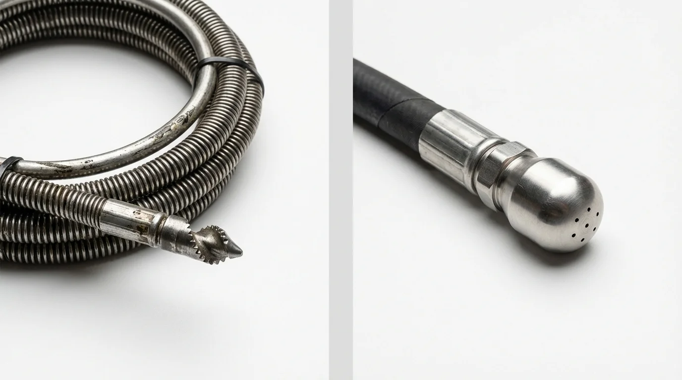Drain snake cable and hydro jetting nozzle used for drain cleaning in Texas City, TX