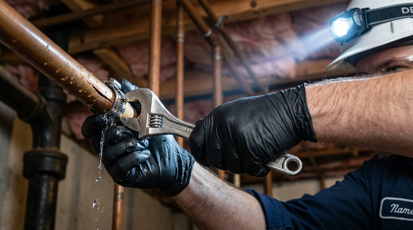 Emergency pipe clamp repair being performed by a Johns Plumbing LLC plumber in Texas City